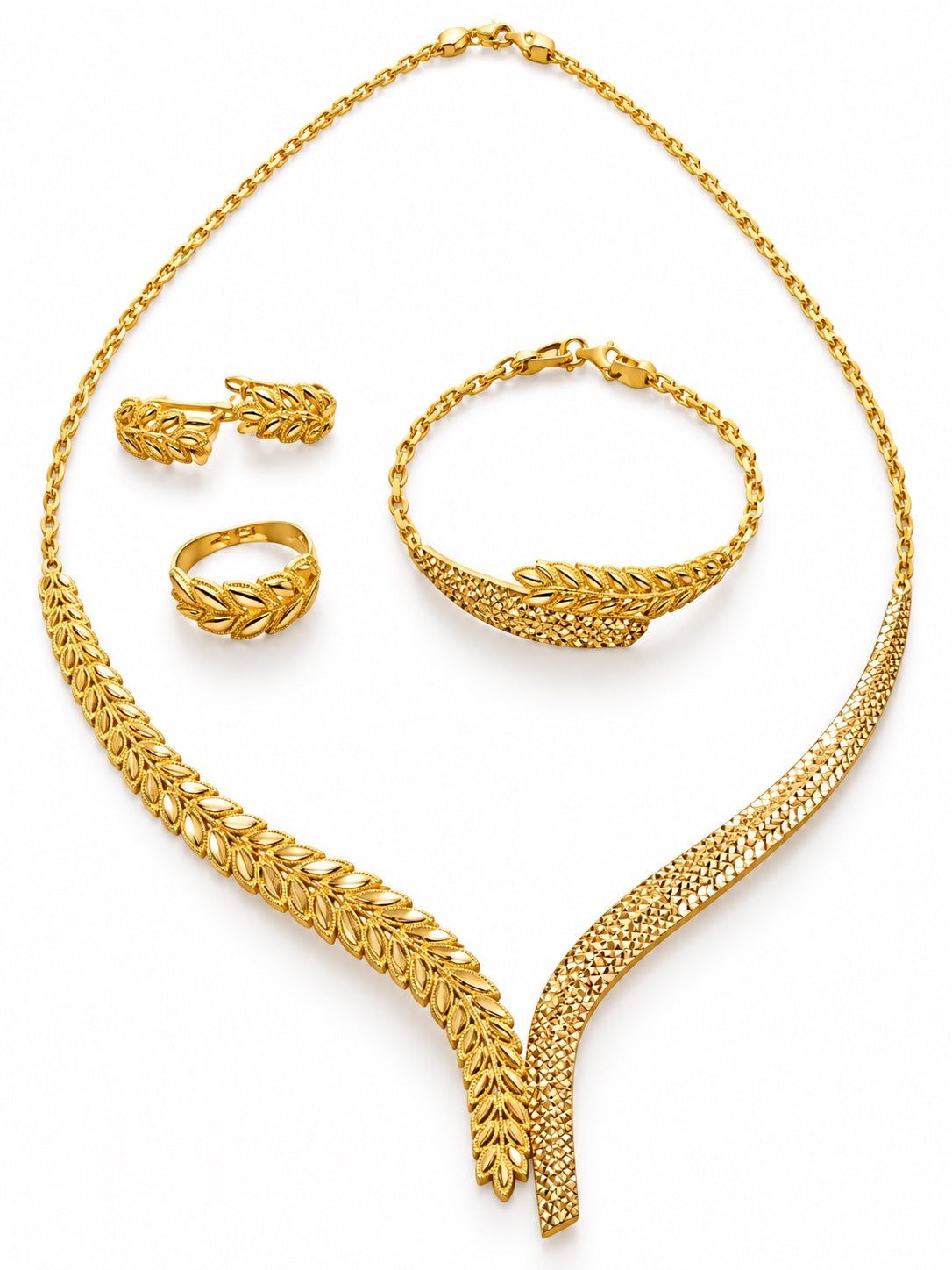 21 Karat Goldschmuck-Set im Blätterdesign mit Halskette Armband Ring und Ohrringen